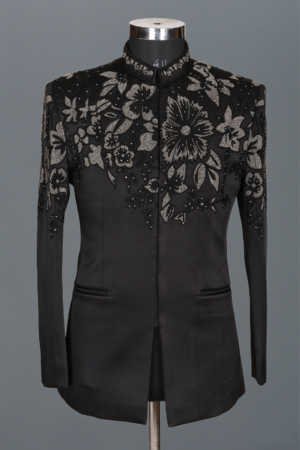 Black Geometric Crystal Embellished Tuxedo Set